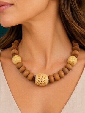 Vtg FREIRICH Designer MCM Carved Bone Wood Beaded Tribal Necklace
